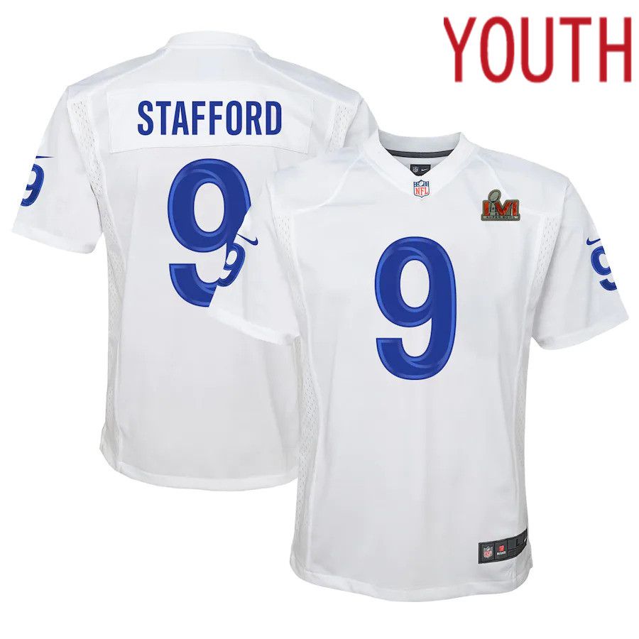 Youth Los Angeles Rams #9 Matthew Stafford Nike White Super Bowl LVI Game Patch NFL Jersey->youth nfl jersey->Youth Jersey